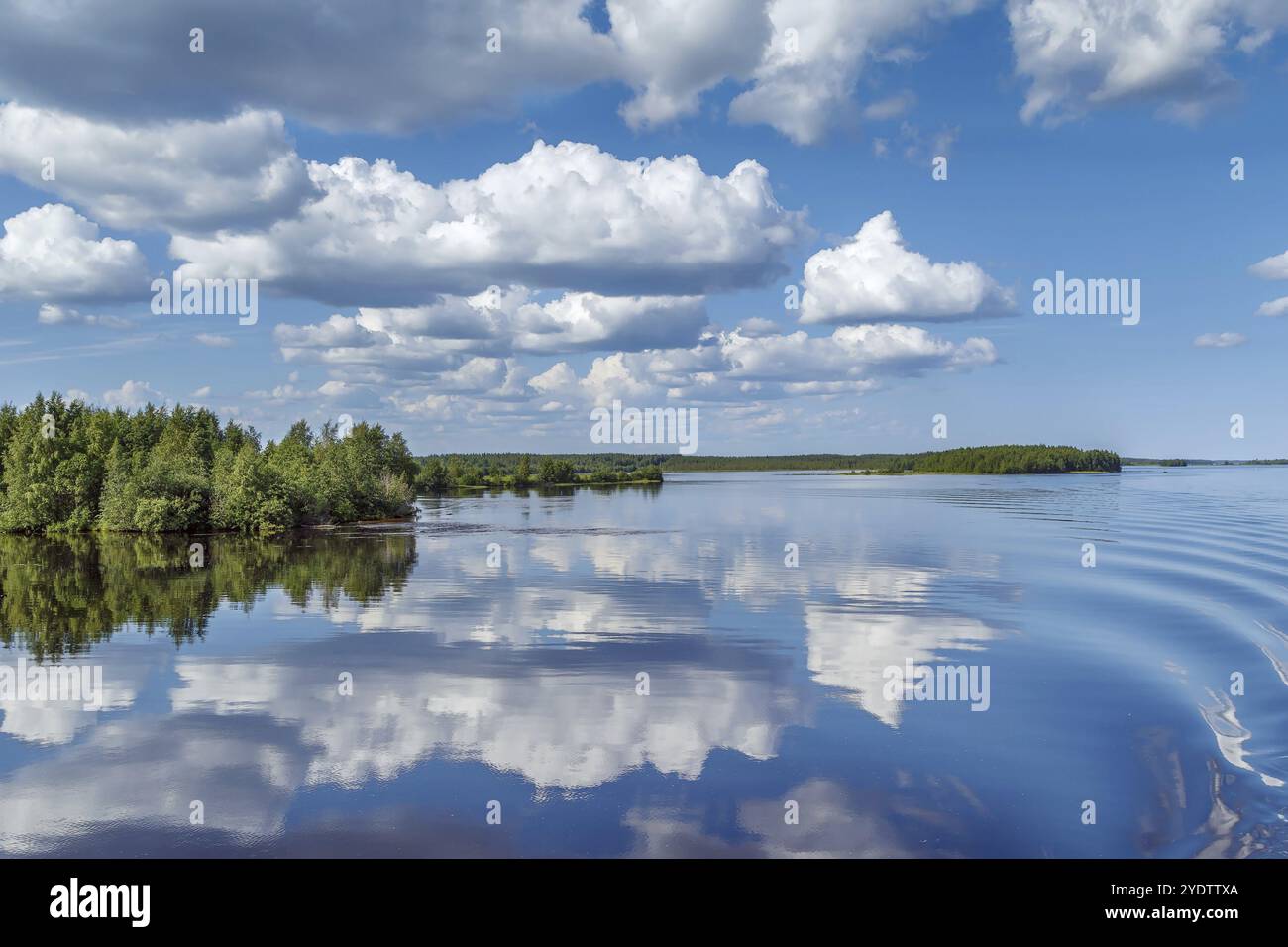 Paesaggio con una riflessione simmetrica sul fiume Vyg (parte del canale Mar bianco-Baltico), Russia, Europa Foto Stock