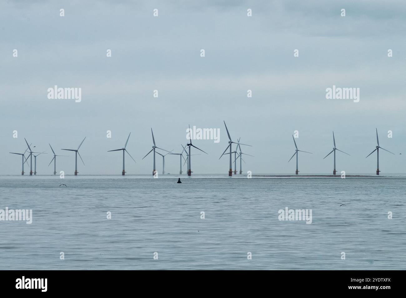 Turbine eoliche in mare. Generatore di turbine eoliche. Produzione di energia sostenibile. Foto Stock