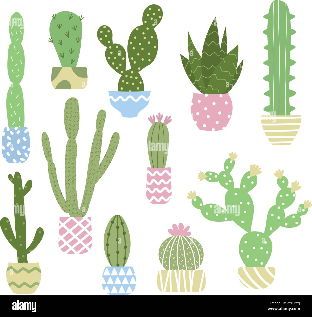 Set di 11 carini cactus in pentole pastello Illustrazione Vettoriale