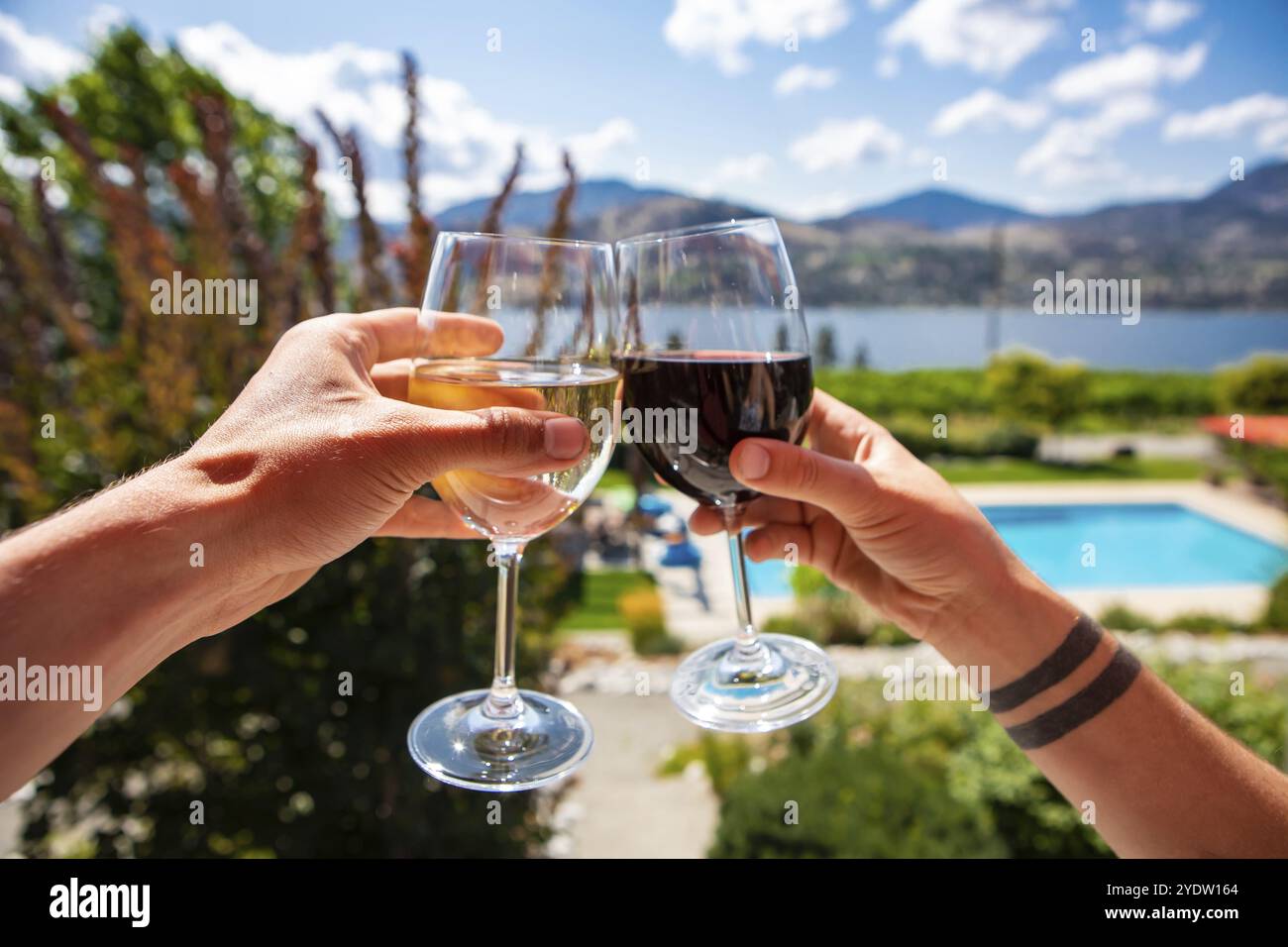 Okanagan Valley wine tasting tour, visita cantine estivi e durante le vacanze di primavera concetto, l uomo e la donna le mani come tostare il vino rosso e bianco bicchieri Foto Stock