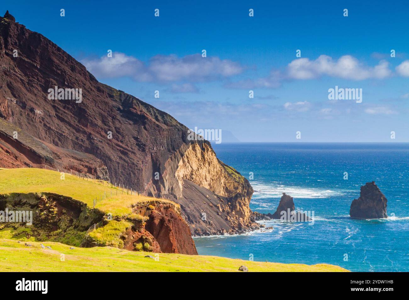 Vista della costa vulcanica di Tristan da Cunha, il luogo abitato più remoto della Terra, Tristan da Cunha, Oceano Atlantico meridionale Foto Stock