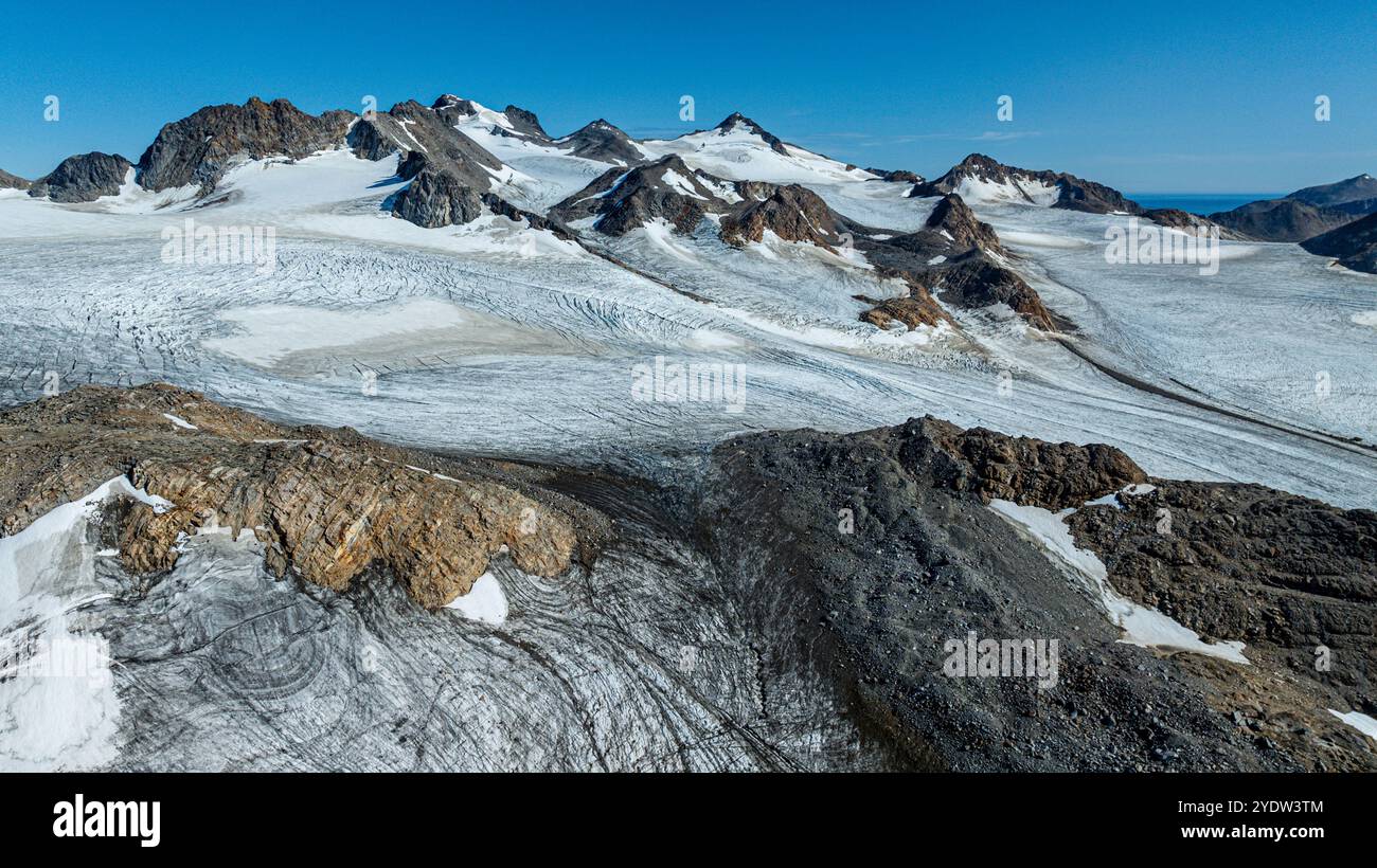 Aerea di un ghiacciaio, Kulusuk, Groenlandia, Danimarca, regioni polari Foto Stock