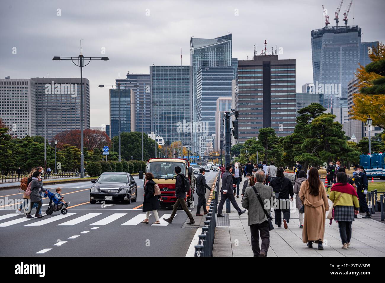 Marciapiedi e grattacieli affollati del centro di Tokyo, Honshu, Giappone, Asia Foto Stock