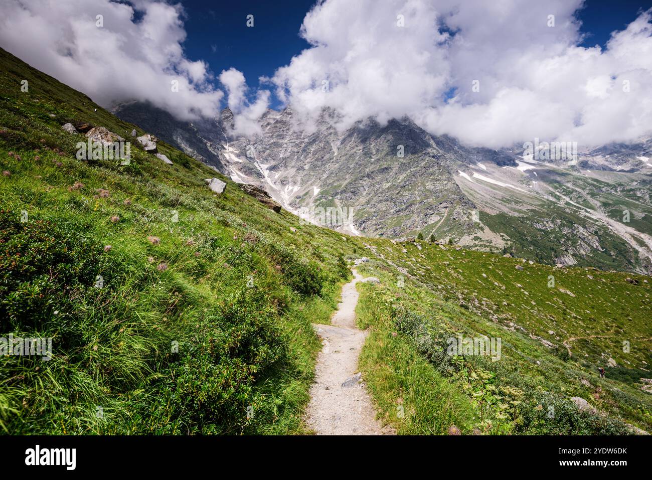 Sentiero escursionistico nel paesaggio alpino di fronte al Monte Rosa con paesaggio morenico, Alpi italiane, Italia, Europa Foto Stock