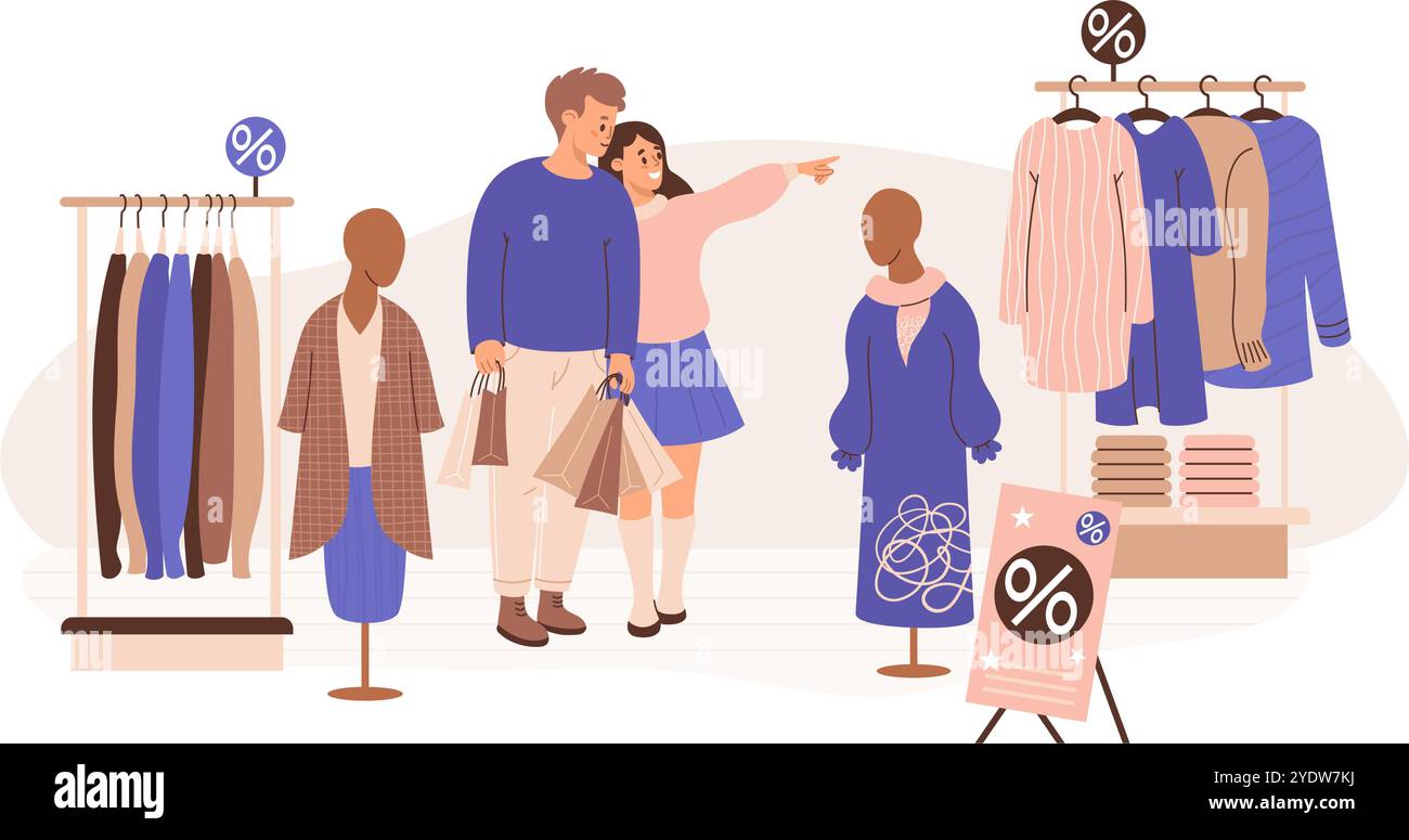Acquirenti felici in negozio per la vendita. L'uomo con pacchetti e la ragazza scelgono vestiti su scaffali di appendiabiti e manichini con abiti femminili alla moda. Illustrazione Vettoriale