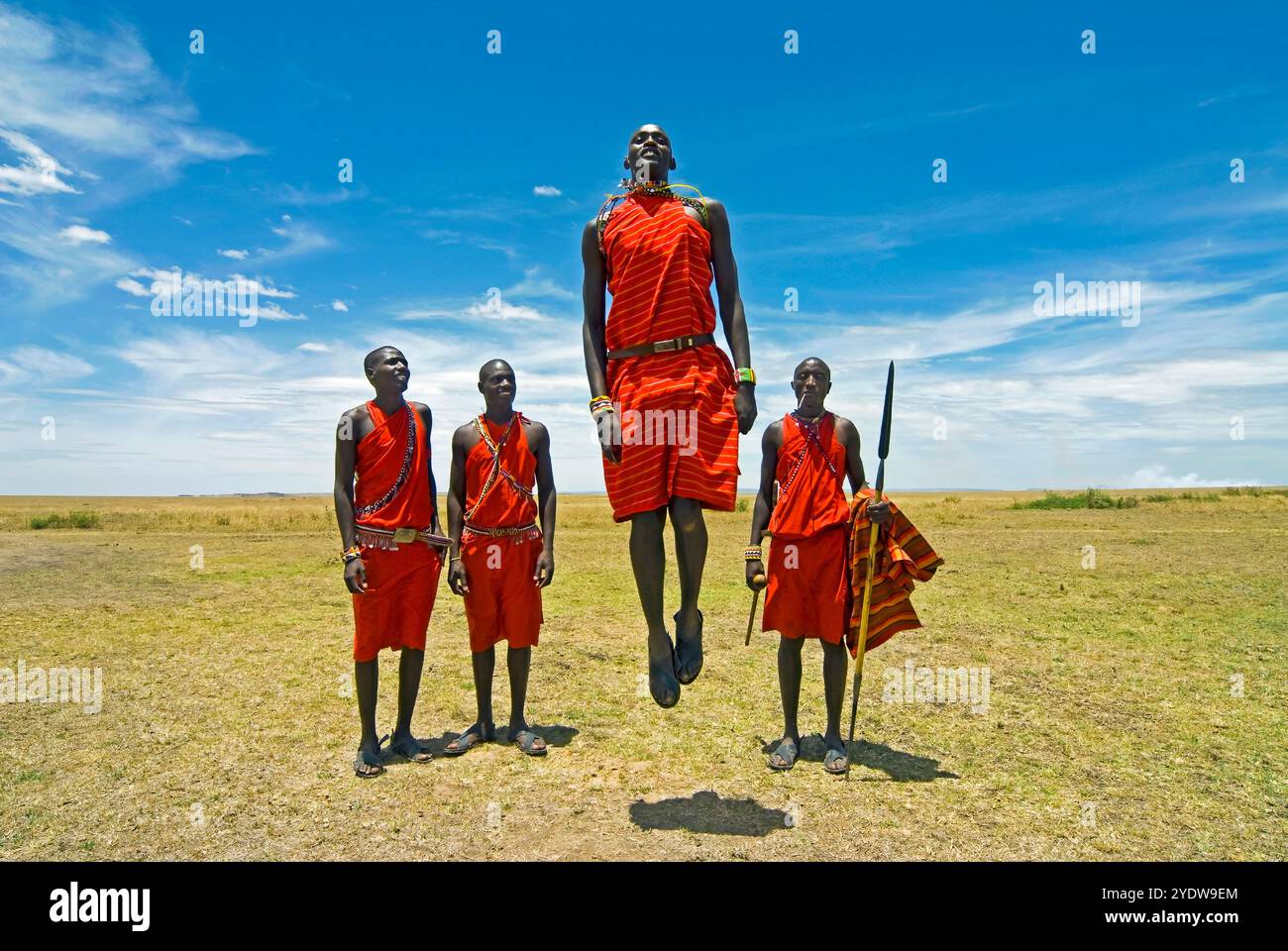 I guerrieri Maasai (Masai) si esibiscono nella danza del salto, nella riserva nazionale Masai Mara, Kenya, Africa orientale, Africa Foto Stock