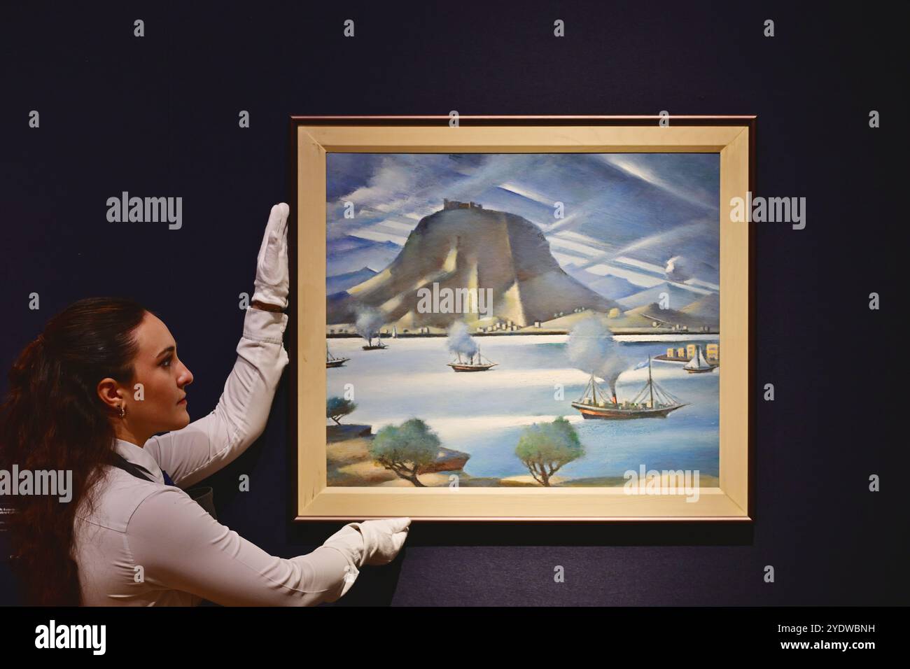 Christie's, Londra, Regno Unito. 28 ottobre 2024. Anteprima dell'arte mediorientale moderna e contemporanea, tra cui Marhala Part 2 (punti salienti della Dalloul Art Collection), con l'asta dal vivo che si terrà il 31 ottobre Le attrazioni principali includono: Mahmoud Said (1897, Alexandria), Vue de la plage, stima £ 250.000-350.000. Crediti: Malcolm Park/Alamy Live News Foto Stock