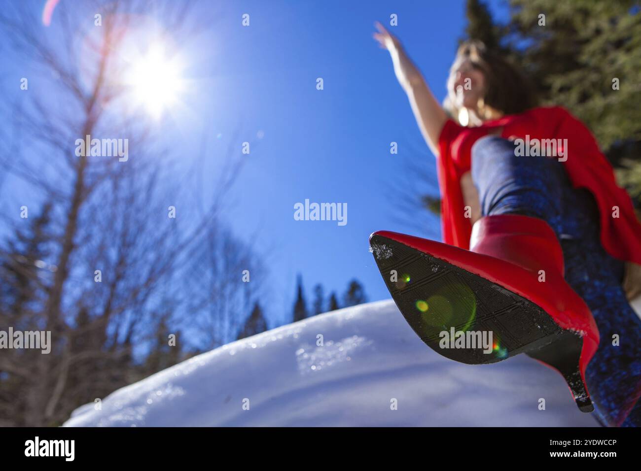 Un basso angolo e la vista ingrandita di una donna che indossa un rosso stiletto, seduti sotto un cielo blu e da alberi di pino. Sexy e giocoso lady in natura con copia s Foto Stock