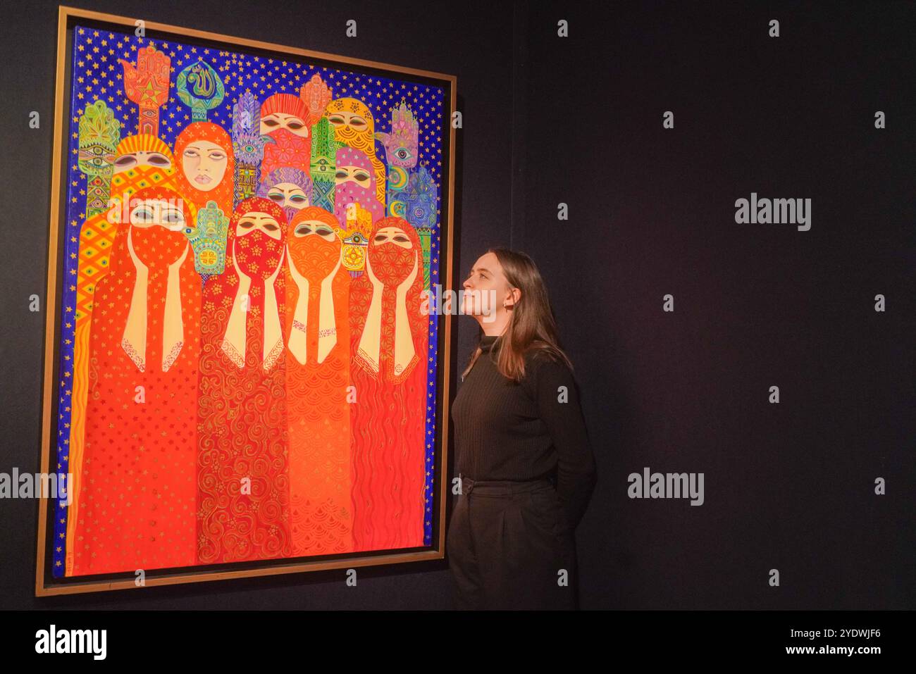Londra, Regno Unito. 28 ottobre 2024 LAILA SHAWA (1940, Gaza- 2022, Londra) le mani di Fatima. Stima: GBP 15.000 – 25.000. Anteprima dell'arte mediorientale moderna e contemporanea al Christie's, con le principali attrazioni della collezione Dalloul. Credito. Amer Ghazzal/Alamy Live News Foto Stock