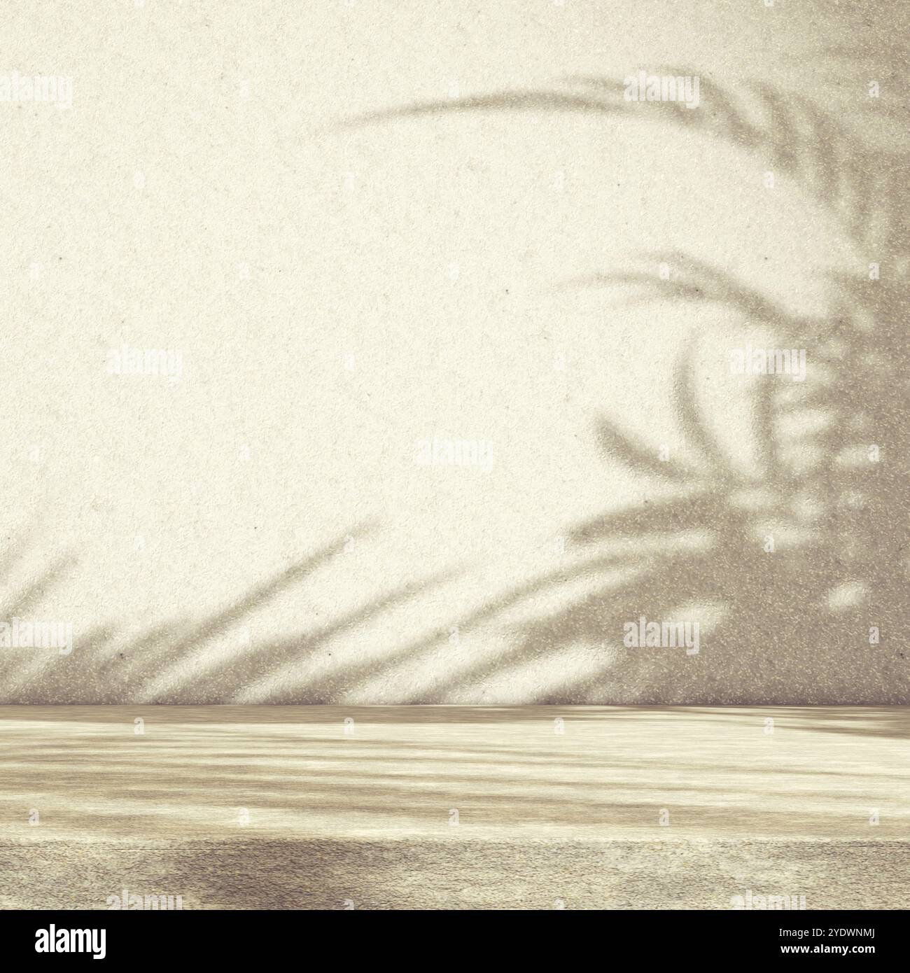 Pavimento vuoto e sfondo della parete illuminati dalla luce solare e dalle ombre delle piante.illustrazione 3d.sfondo per prodotti cosmetici organici e naturali presenti Foto Stock