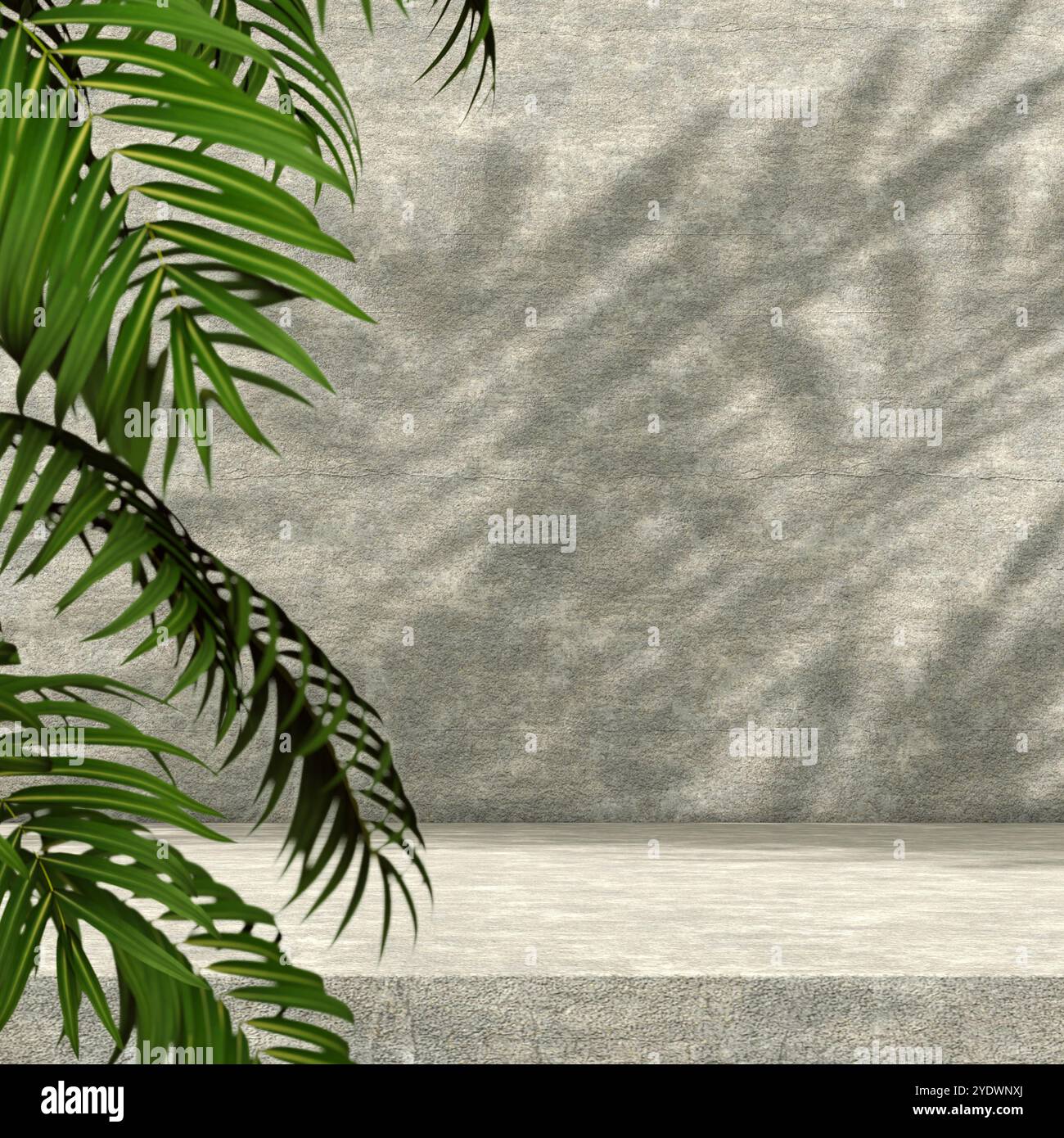 Pavimento vuoto e sfondo della parete illuminati dalla luce solare e dalle ombre delle piante.illustrazione 3d.sfondo per prodotti cosmetici organici e naturali presenti. Foto Stock