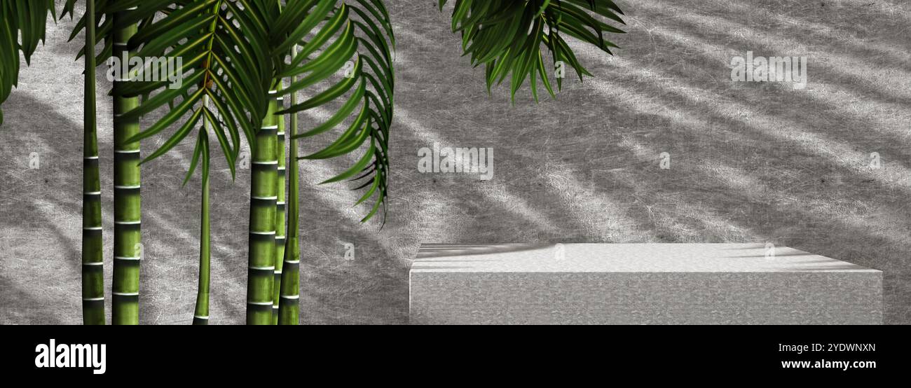 Pavimento vuoto e sfondo della parete illuminati dalla luce solare e dalle ombre delle piante.illustrazione 3d.sfondo per prodotti cosmetici organici e naturali presenti. Foto Stock