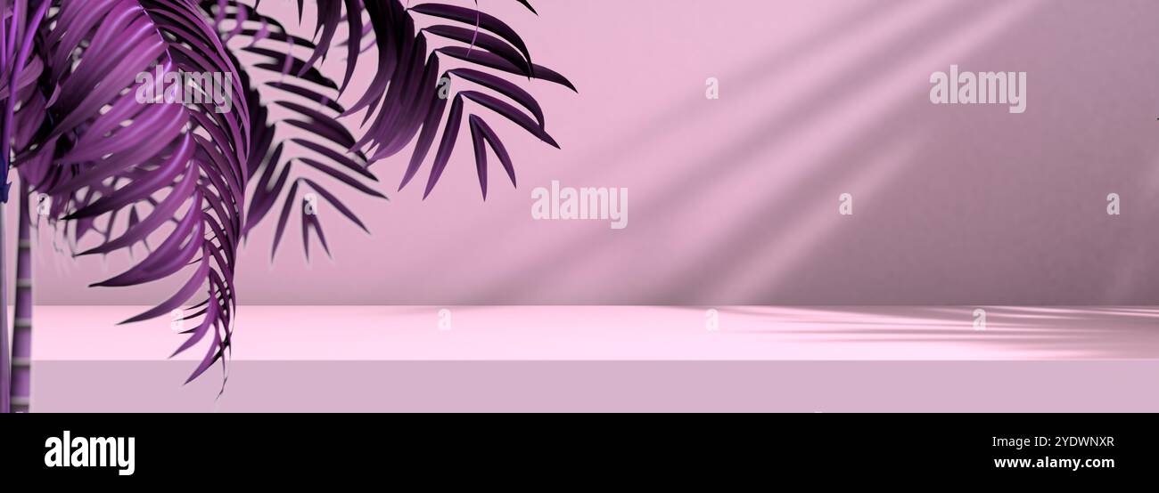 Pavimento vuoto e sfondo della parete illuminati dalla luce solare e dalle ombre delle piante.illustrazione 3d.sfondo per prodotti cosmetici organici e naturali presenti. Foto Stock