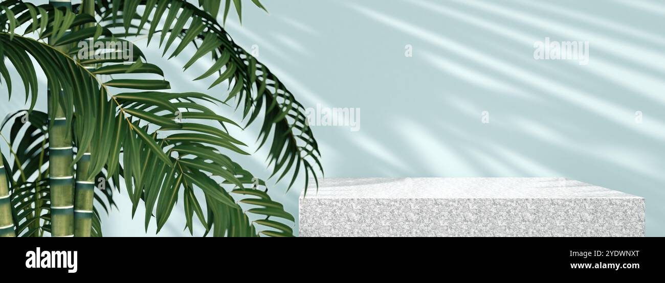 Pavimento vuoto e sfondo della parete illuminati dalla luce solare e dalle ombre delle piante.illustrazione 3d.sfondo per prodotti cosmetici organici e naturali presenti. Foto Stock