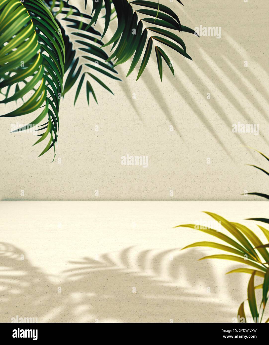 Pavimento vuoto e sfondo della parete illuminati dalla luce solare e dalle ombre delle piante.illustrazione 3d.sfondo per prodotti cosmetici organici e naturali presenti. Foto Stock