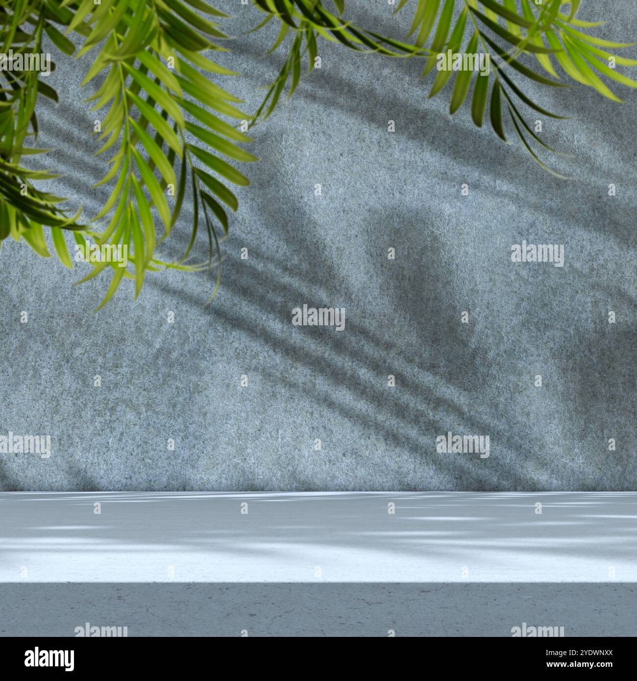 Pavimento vuoto e sfondo della parete illuminati dalla luce solare e dalle ombre delle piante.illustrazione 3d.sfondo per prodotti cosmetici organici e naturali presenti. Foto Stock