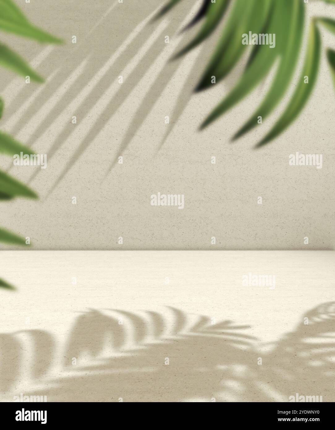 Pavimento vuoto e sfondo della parete illuminati dalla luce solare e dalle ombre delle piante.illustrazione 3d.sfondo per prodotti cosmetici organici e naturali presenti. Foto Stock