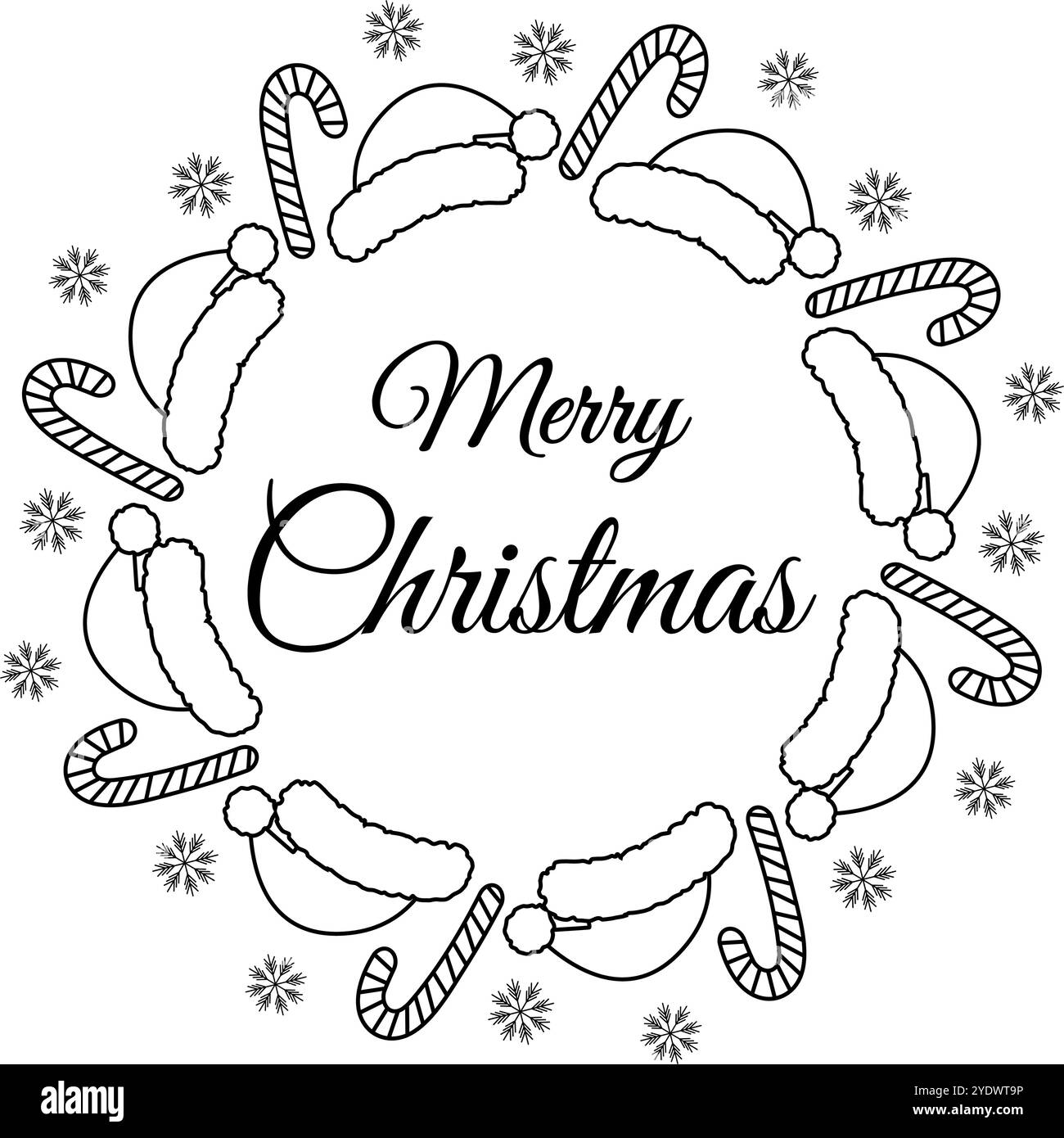 Scopri il berretto di Babbo Natale, la canna da zucchero, i fiocchi di neve e la scritta buon Natale con una montatura rotonda in stile doodle alla moda. Illustrazione vettore isolato biglietti di auguri o invito, poster, opuscoli, etichette o promozioni Web Illustrazione Vettoriale