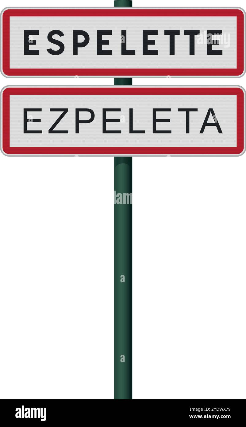 Illustrazione vettoriale dell'Espelette, Francia (Ezpeleta in basco) cartelli stradali per l'ingresso della città su palo metallico Illustrazione Vettoriale