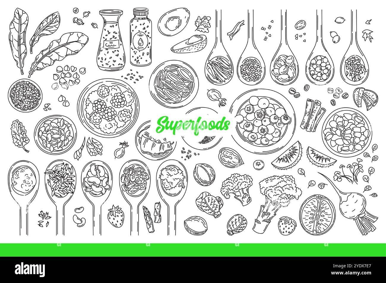Superalimenti per una migliore salute, grazie a cereali biologici o frutta e verdura. Iscrizione superfood vicino a cucchiai di legno e piatti pieni di sane colazioni e spuntini. Disegnato a mano. Illustrazione Vettoriale Superalimenti per una migliore salute, grazie a cereali biologici o frutta e verdura. Iscrizione superfood vicino a cucchiai di legno e piatti pieni di sane colazioni e spuntini. Disegnato a mano. Illustrazione Vettoriale