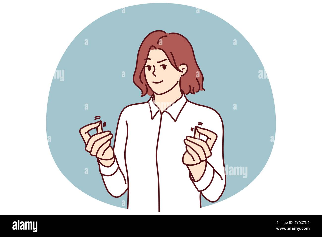 Donna sneaky che mostra il gesto di denaro che vuole denaro contante per lobbying o ottenere informazioni interne. Ragazza sneaky con espressione egoista saluta per ricevere la tangente per il concetto anti-corruzione Illustrazione Vettoriale