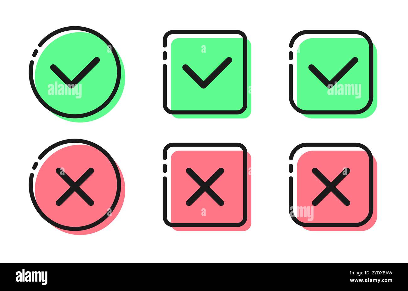 Segno di spunta e icona con segno di spunta su sfondo bianco. Design moderno in stile piatto e lineare. Illustrazione vettoriale Illustrazione Vettoriale