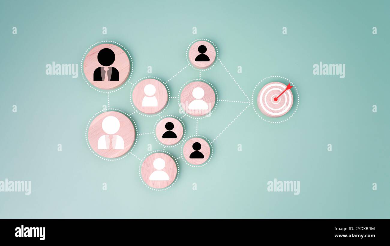 Collegamento tra tavola da disegno e freccia rossa e icona umana per il gruppo di destinazione focalizzato sul cliente e il concetto di gestione delle relazioni con il cliente, cliente target, Foto Stock