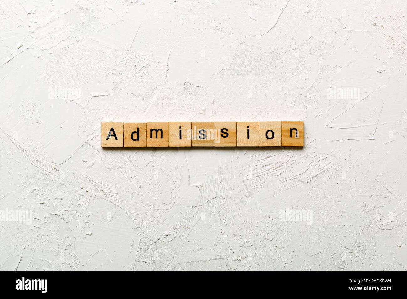 Parola DI AMMISSIONE scritta su blocco di legno. Testo DI AMMISSIONE su tabella di cemento per il vostro desing, concetto. Foto Stock