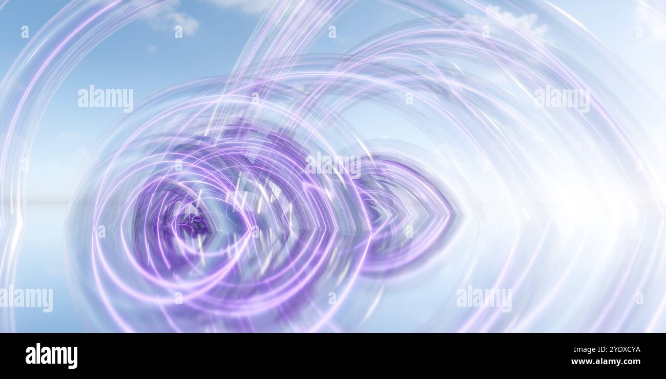 Immagine astratta con una luce viola vorticosa che scorre contro un cielo blu. Foto Stock