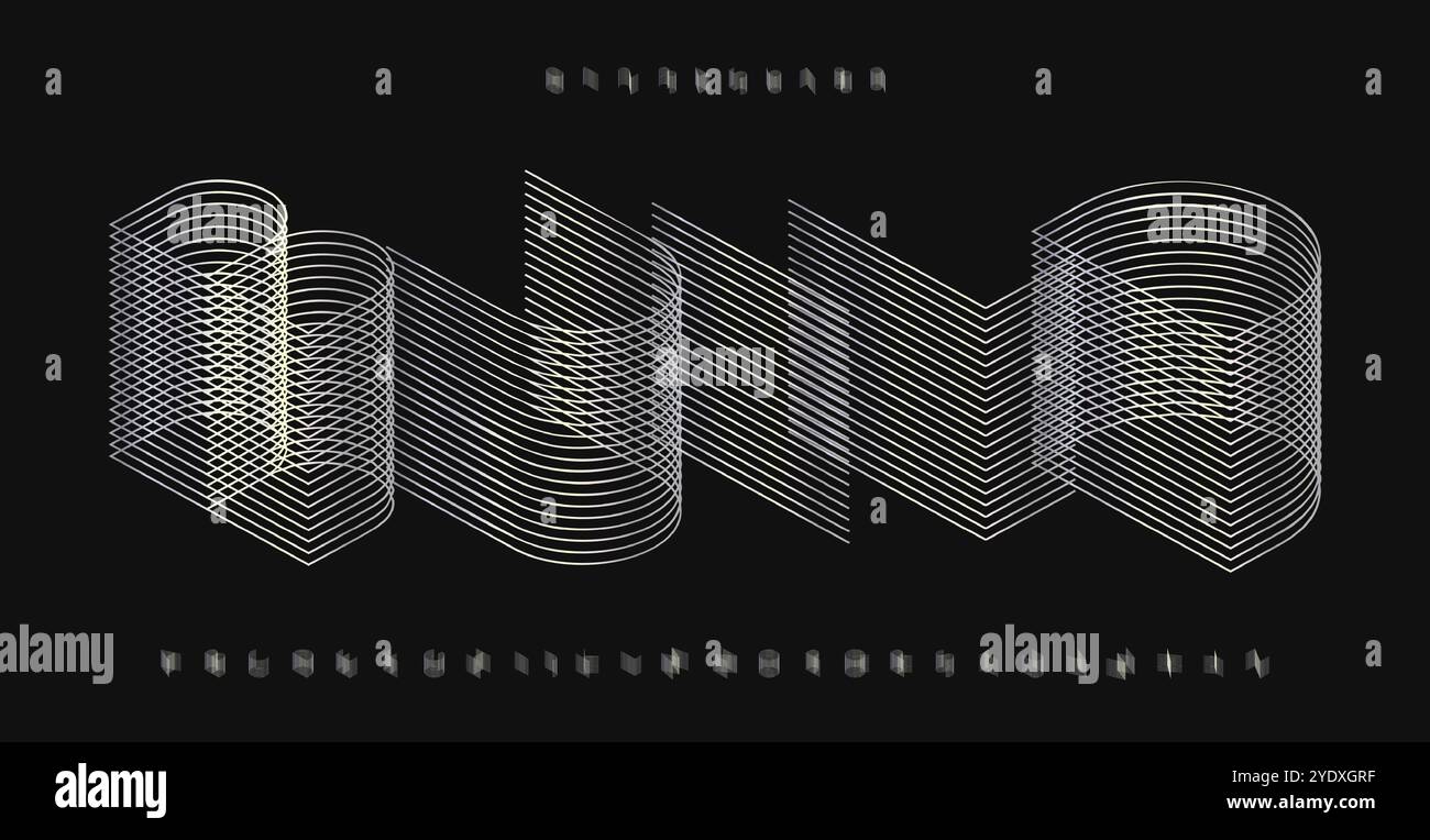 Lettere 3D con effetto linea stratificata, alfabeto dimensionale, font moderno innovativo per il branding architettonico, titolo effetto volumetrico. Futuristico Illustrazione Vettoriale