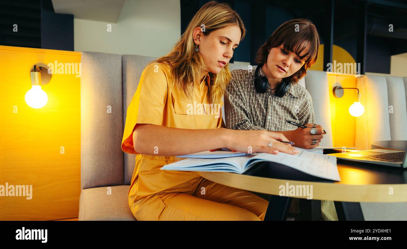 Studenti universitari che collaborano in un ambiente confortevole, si impegnano nel lavoro di squadra con libri aperti e un notebook. Ideale per i concetti di istruzione e stu Foto Stock