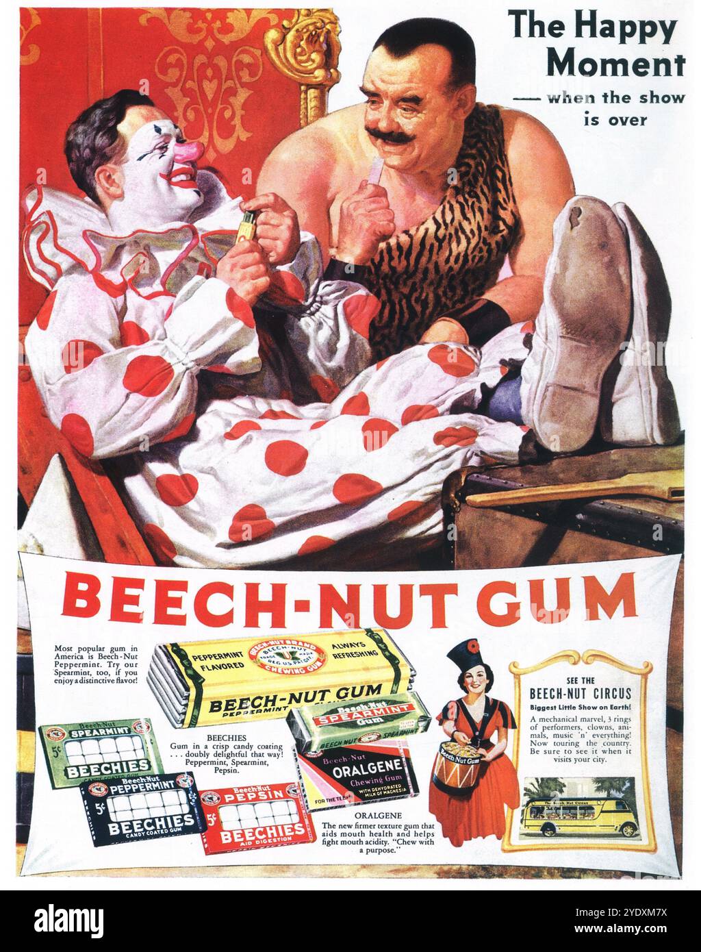 1937 Beech-Nut Gum ad - Circus Performers Clown Strongman Foto Stock