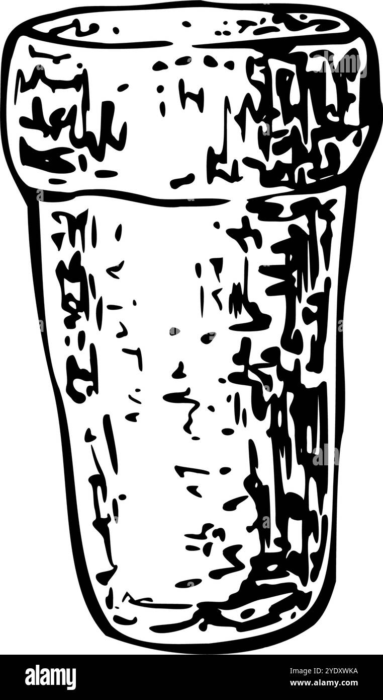 Sughero di vino. Tappo del flacone dell'olio d'oliva, illustrazione del vettore del tappo. Disegno a mano in bianco e nero realistico, disegno a linee d'inchiostro. Design dell'etichetta del prodotto, vino Illustrazione Vettoriale