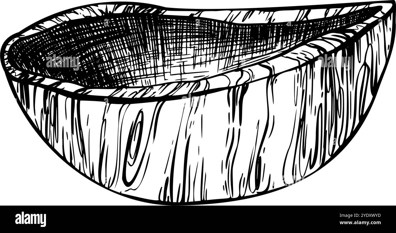 Ciotola di legno. La linea bianca e nera svuota l'utensile da cucina in legno di oliva, stoviglie ecologiche. Immagine vettoriale disegnata a mano Clipart per il menu Illustrazione Vettoriale