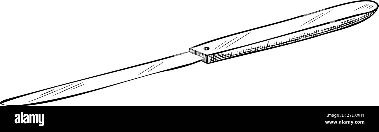 Illustrazione lineare vettoriale della lama. Disegno di un utensile da cucina dipinto da inchiostri neri. Incisione dell'utensile con lama per la cottura. Bozzetto monocromatico per libri di cucina e ricette. Art. Linea. Illustrazione Vettoriale