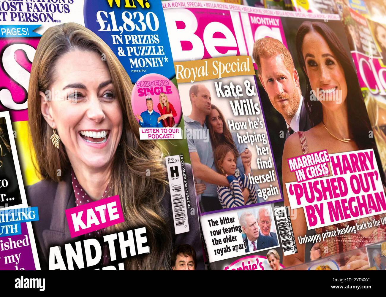 I membri della famiglia reale britannica, tra cui Kate Middleton, Meghan Markle, HRH Prince Harry e Prince William, sono presenti sulla copertina di bella e Best Magazines. Foto Stock