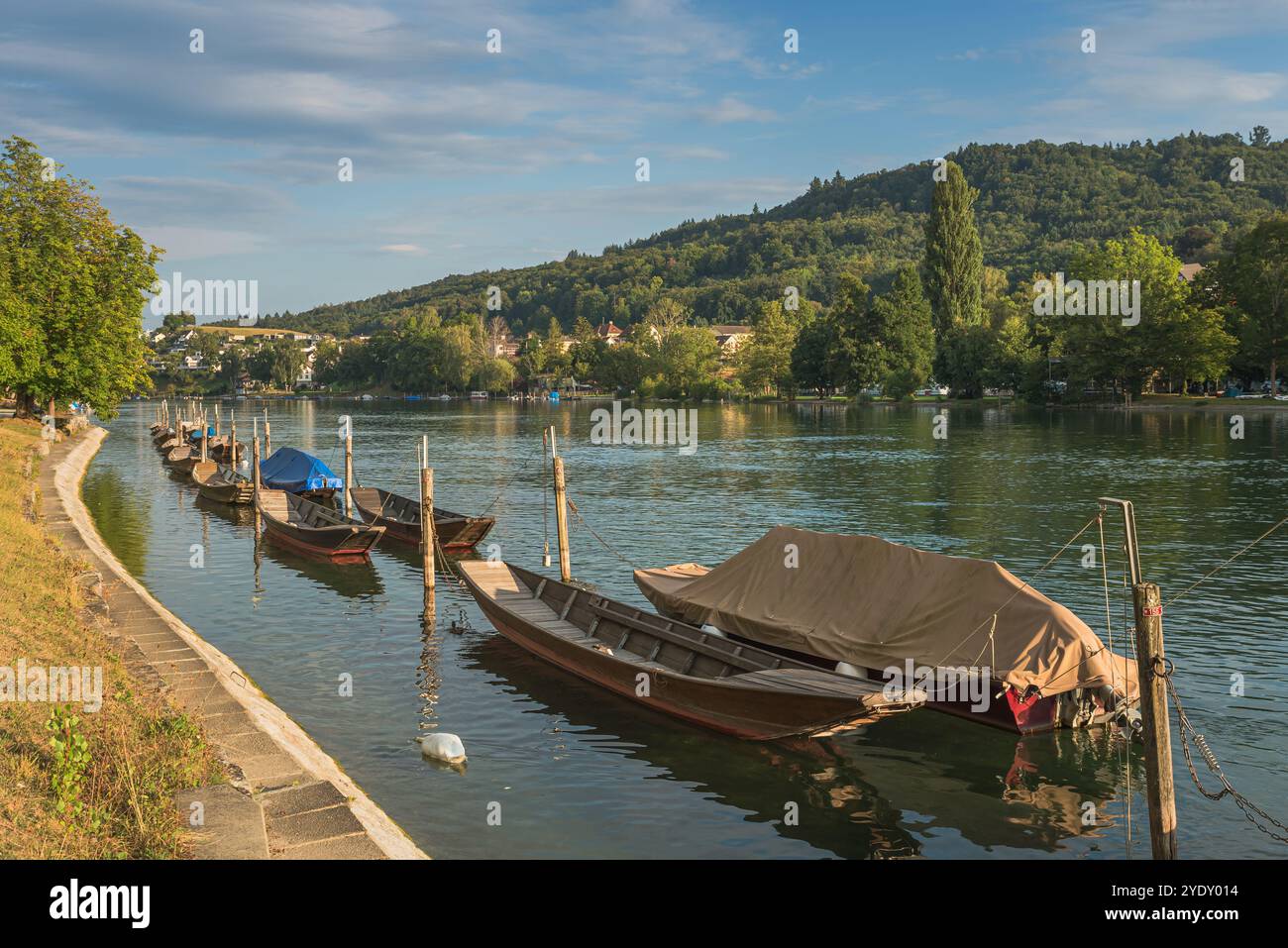 Barche sulla riva del Reno vicino a Sciaffusa, Cantone di Sciaffusa, Svizzera Foto Stock