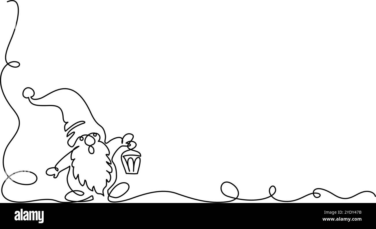 Decorazione natalizia. Carino nano Cartoon Gnome con lanterna. Una linea continua Illustrazione Vettoriale