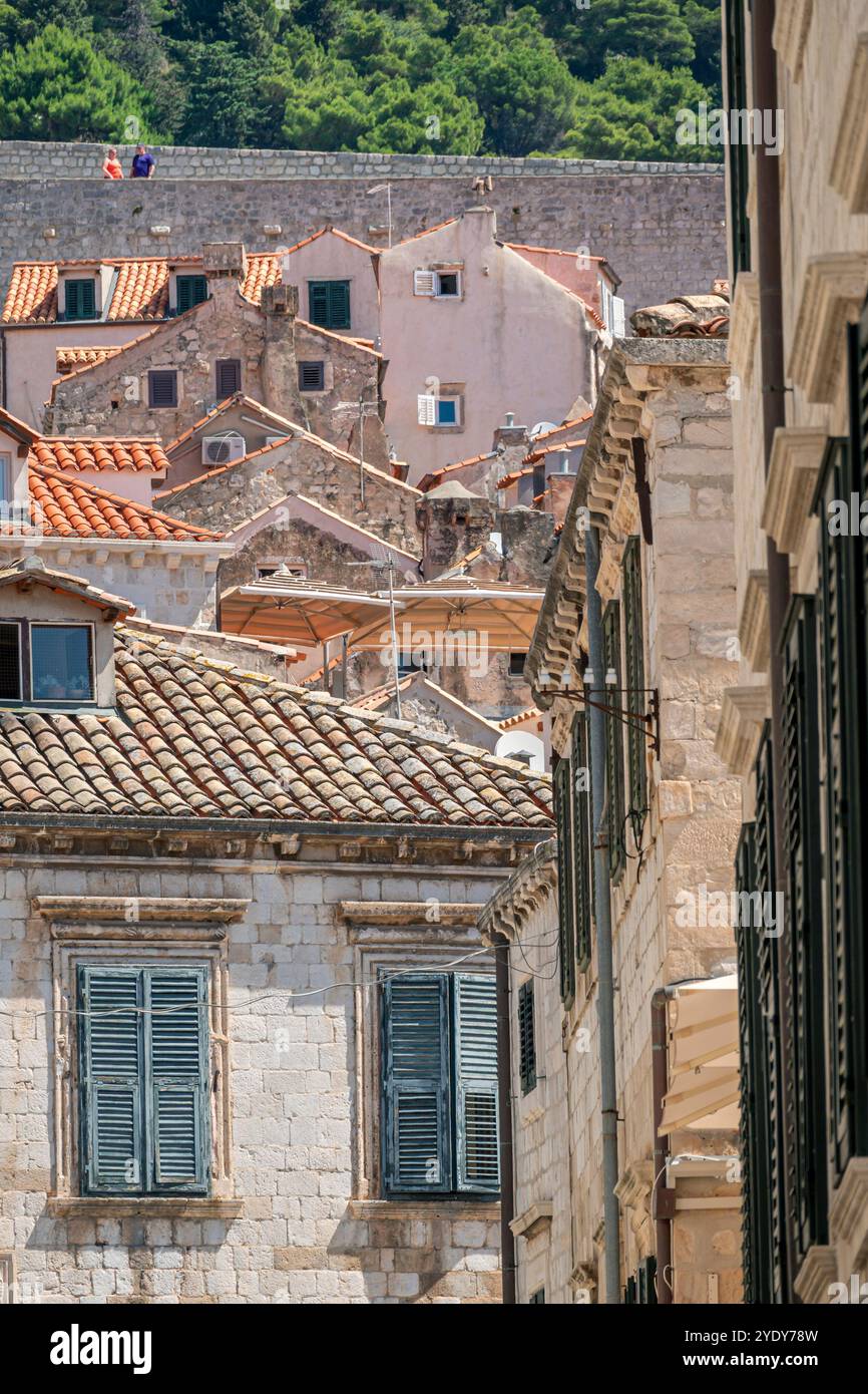 Dubrovnik Croazia, città Vecchia di Stari Grad, città murata di Ragusa, edifici collinari tetti tegole, appartamenti residenziali, tetti di tegole rosse, turisti Foto Stock