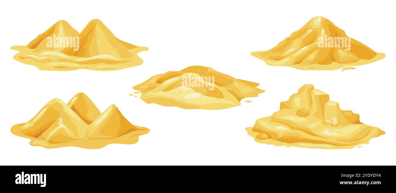 Mucchio di sabbia. Isola delle dune di spiaggia. Mucchio di sabbia. Deserto di selvaggina. Polvere d'oro. Terreno sporco asciutto. Materiale da costruzione friabile. Montagna selvaggia. Collina naturale. Edilizia industriale. Gruppo vettoriale elementi sandbox Illustrazione Vettoriale