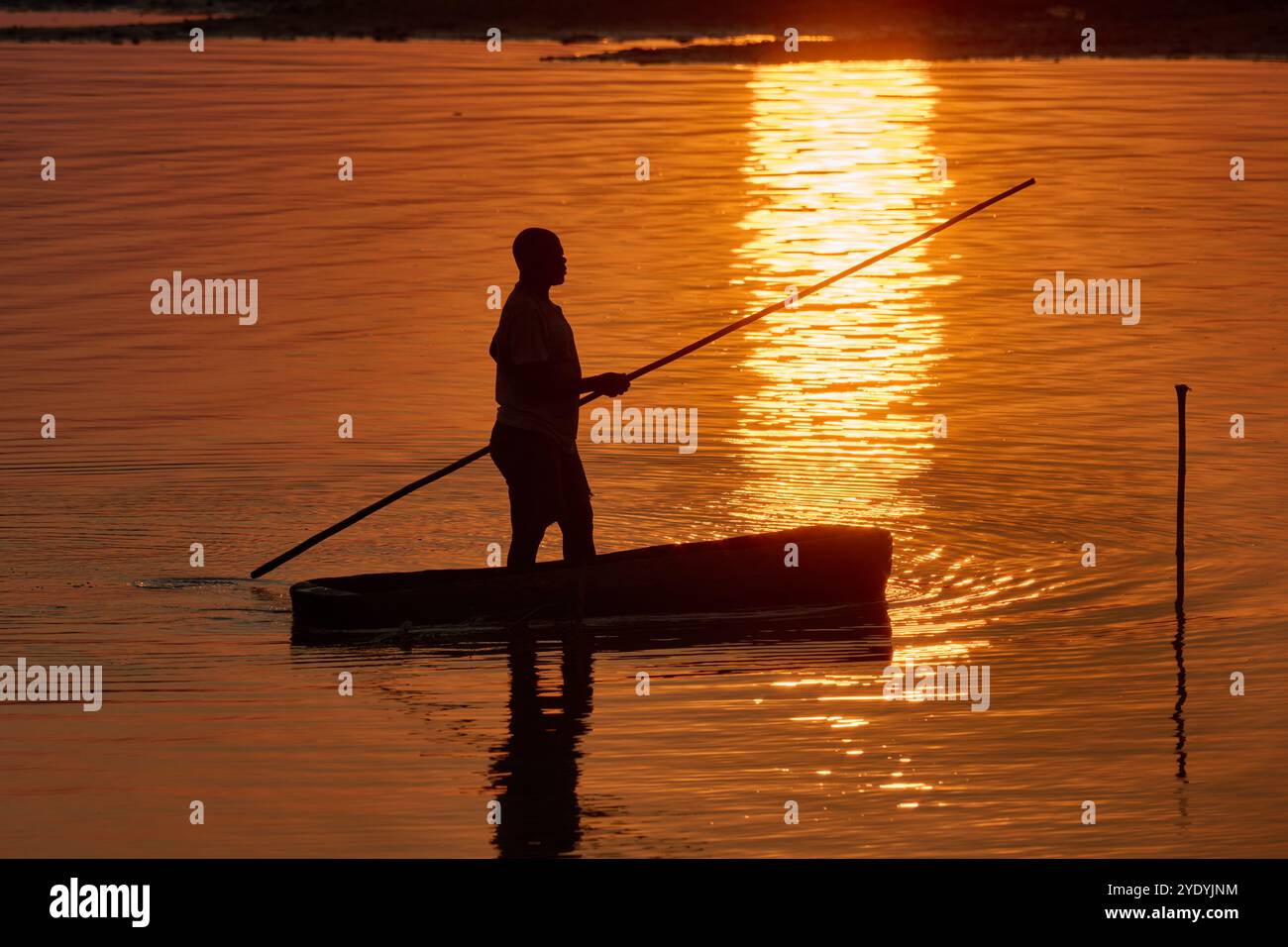 Pescatore in canoa sul fiume Luangwa al tramonto, South Luangwa National Park, Mfuwe, Zambia, Africa Foto Stock