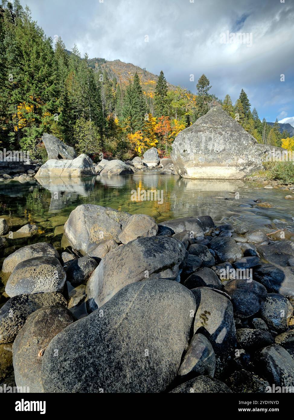 Una sezione tranquilla e bella del fiume Wenatchee in autunno al Tumwater Canyon vicino a Leavenworth, Washington. Foto Stock