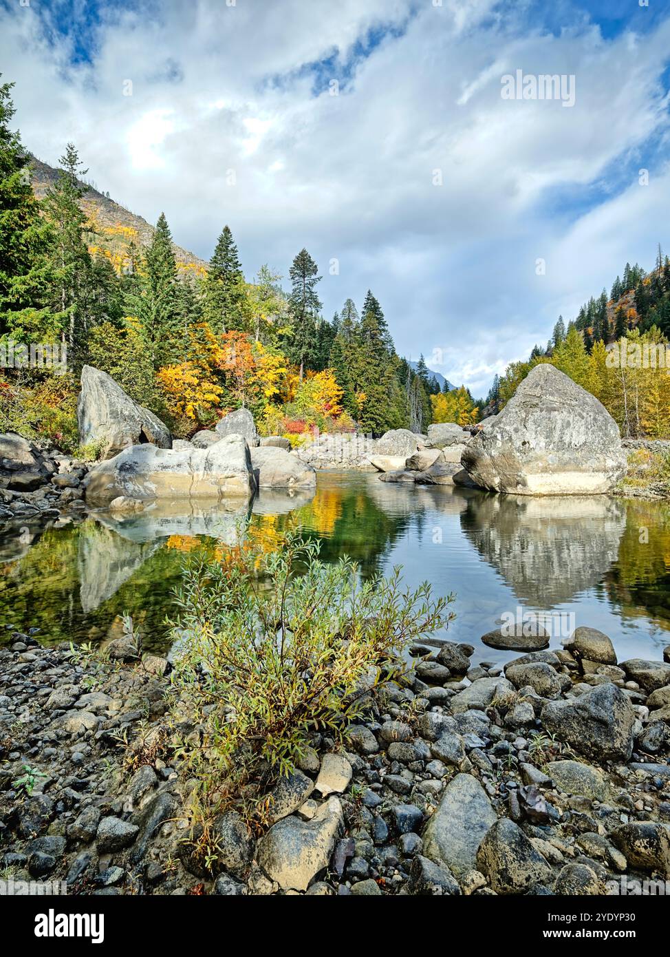 Una sezione tranquilla e bella del fiume Wenatchee in autunno al Tumwater Canyon vicino a Leavenworth, Washington. Foto Stock