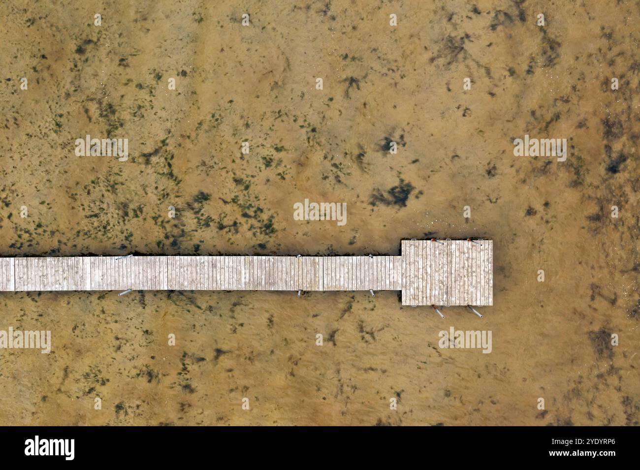 Vista aerea di un molo di legno che si estende in un lago calmo e poco profondo circondato da una terra paludosa Foto Stock