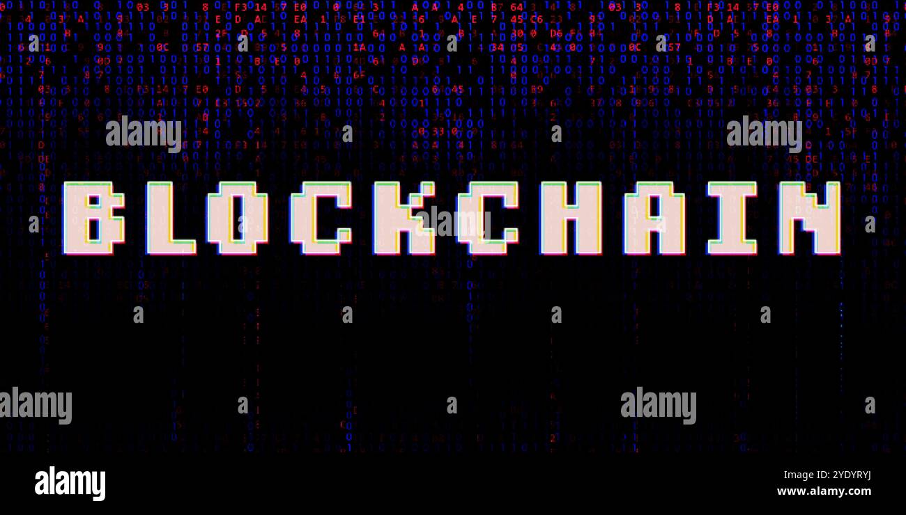 Migliorare la sicurezza della blockchain. Illustrazione sullo sfondo del codice crittografico esadecimale con programmazione sicura e codice linguaggio ai Illustrazione Vettoriale