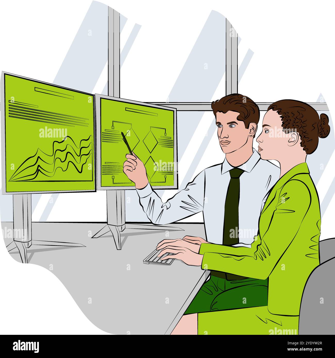 Uomo e donna studiano i rapporti per identificare e comprendere i problemi nel processo decisionale. Concetto di business. Illustrazione vettoriale. Illustrazione Vettoriale