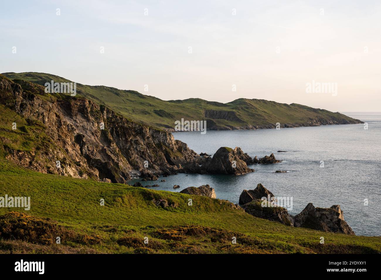 Il sole serale splende sulla costa frastagliata di Rockham Bay e Morte Point vicino a Woolacombe nel Devon settentrionale. Foto Stock