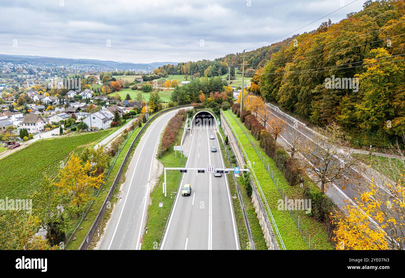 Flurlingen, Svizzera, 20 ottobre 2024: Veduta dall'alto dell'autostrada A4 e dell'ingresso e dell'uscita del tunnel Cholfirst. (Foto di Andreas Haas/d Foto Stock