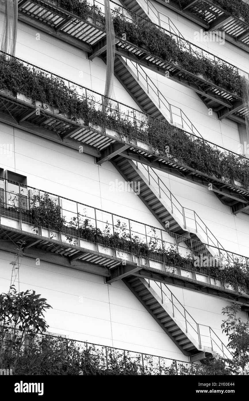 Molte piante in vaso sono esposte sulle scale di emergenza installate sulla parete di un enorme magazzino progettato in modo semplice Foto Stock