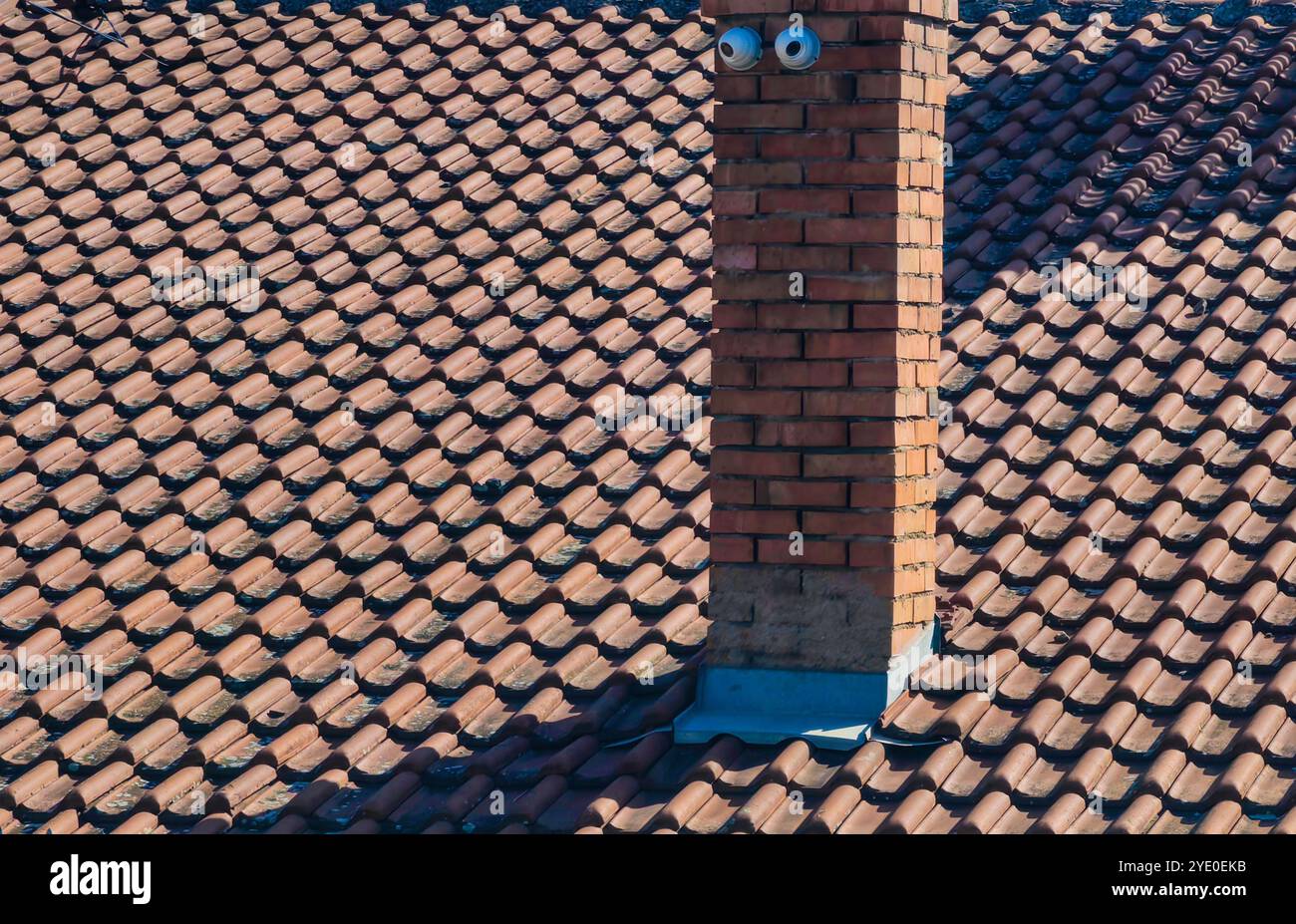 Brick Chimney on Rooftop: Texture and Shadows in Architectural Detail Foto Stock